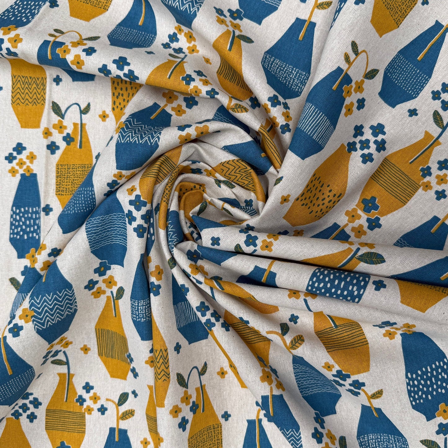 Cotton Linen Fabric - Blue & Yellow Vases - Sevenberry - Handworks