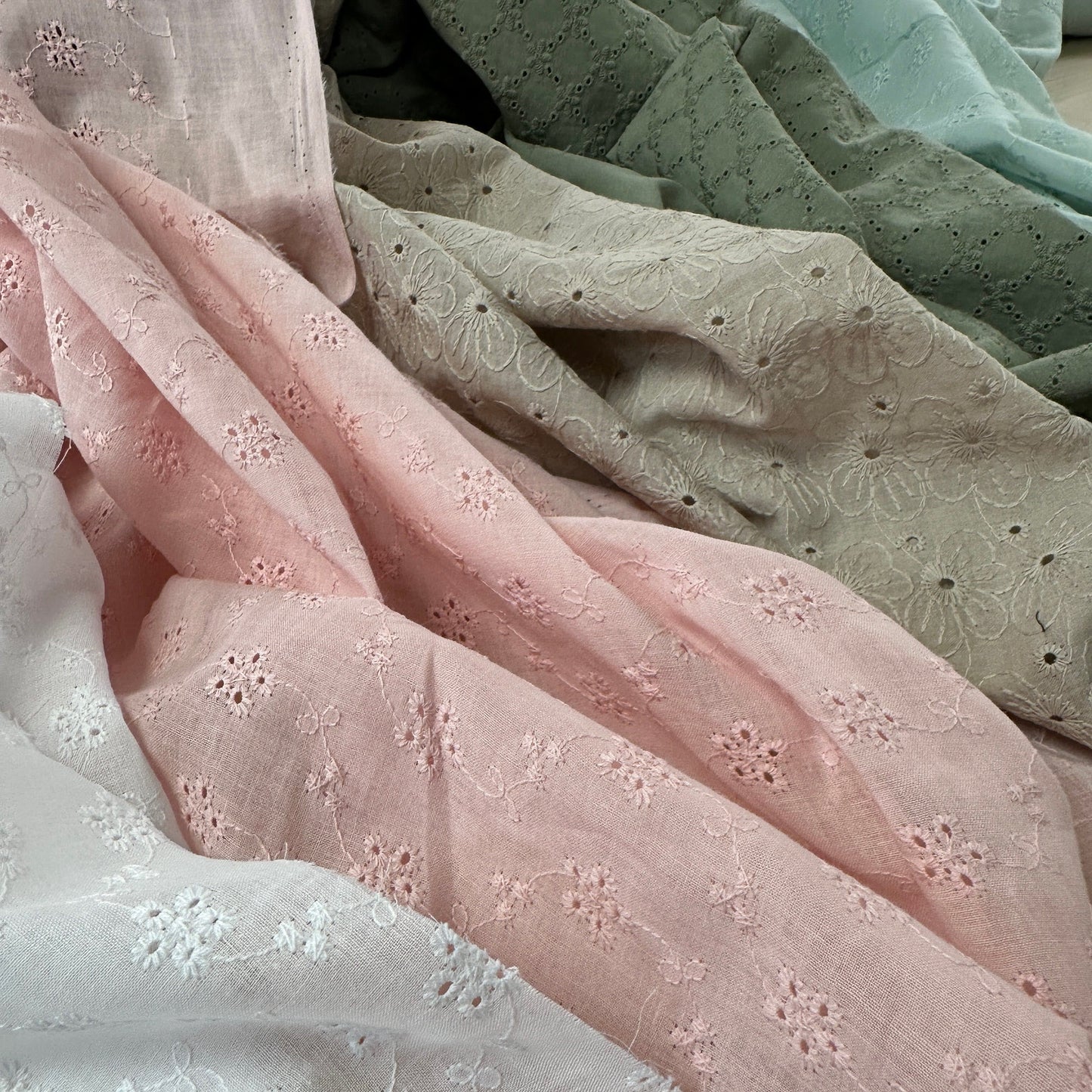 Embroidered Eyelet Cotton Voile - Flower Vines - Mint Blue