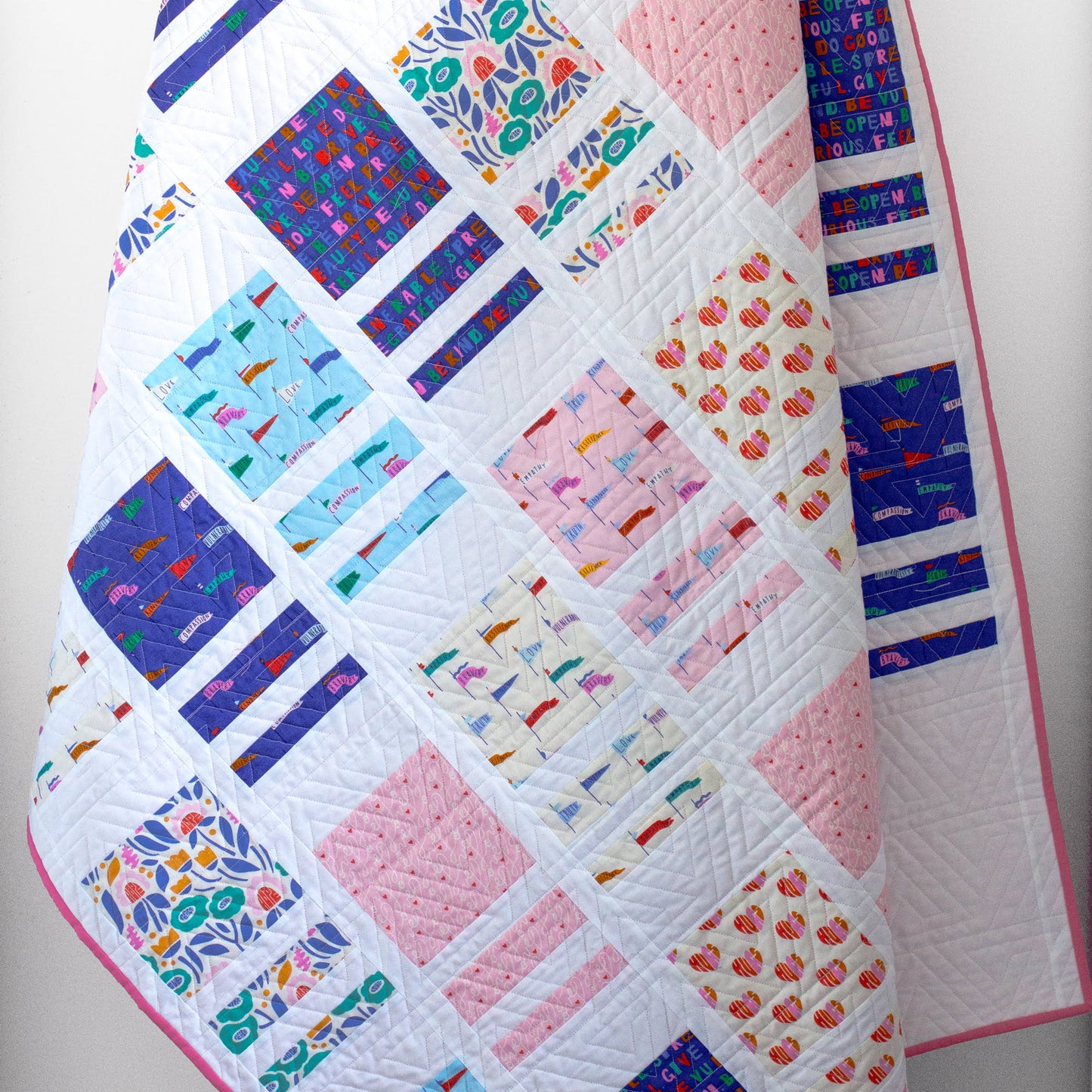 Pennant Power - Pink - Universal Love - Organic Quilting Cotton Fabric - GOTS