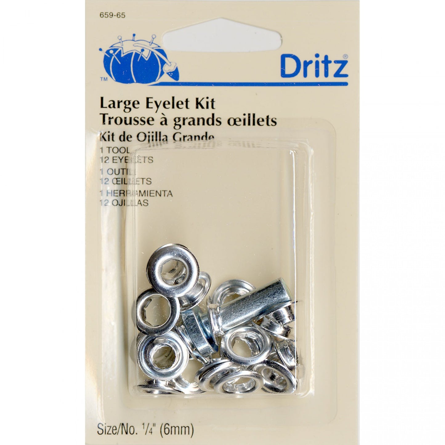 Dritz Large Eyelet Kit 1/4" (6mm) Nickel 12 eyelets + 1 tool per pack