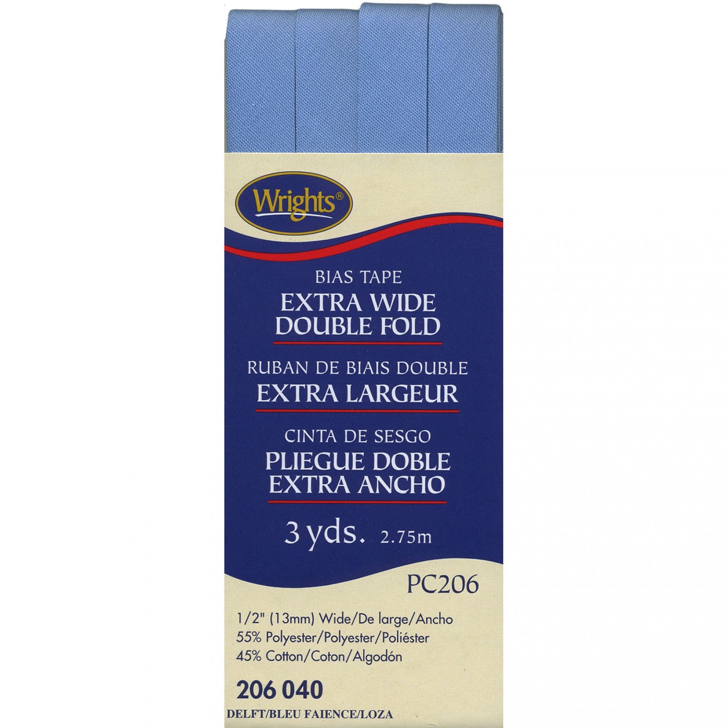 Wrights Bias Tape Extra Wide Double Fold 13mm x 2.75M Delft Blue, 1/2" #040