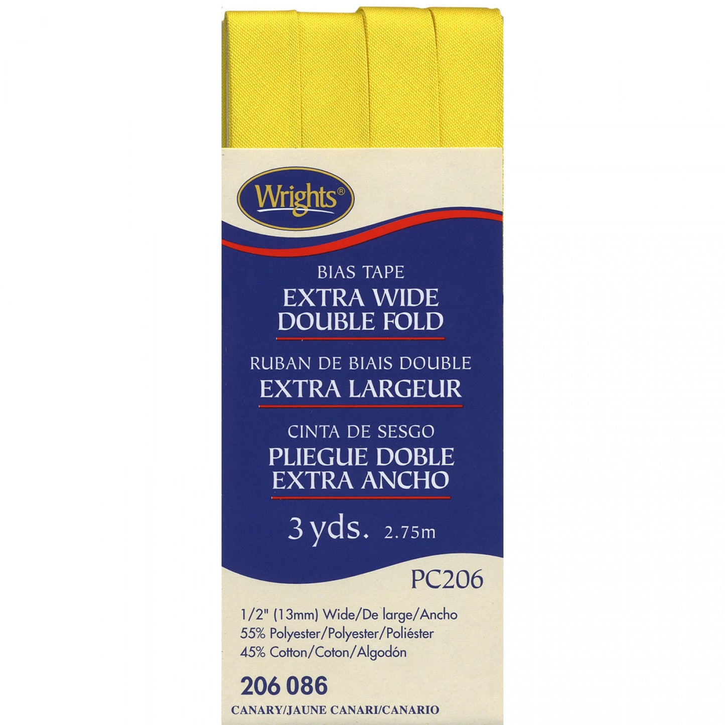 Wrights Bias Tape Extra Wide Double Fold 13mm x 2.75M Canary Yellow #086