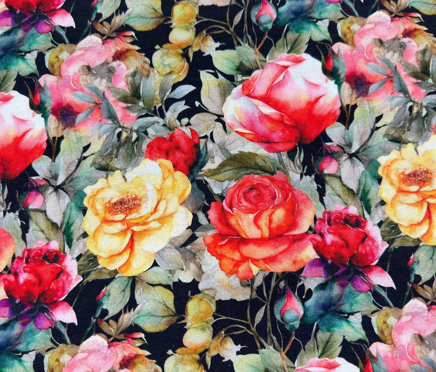 Linen Rayon Slub - Black & Red Florals