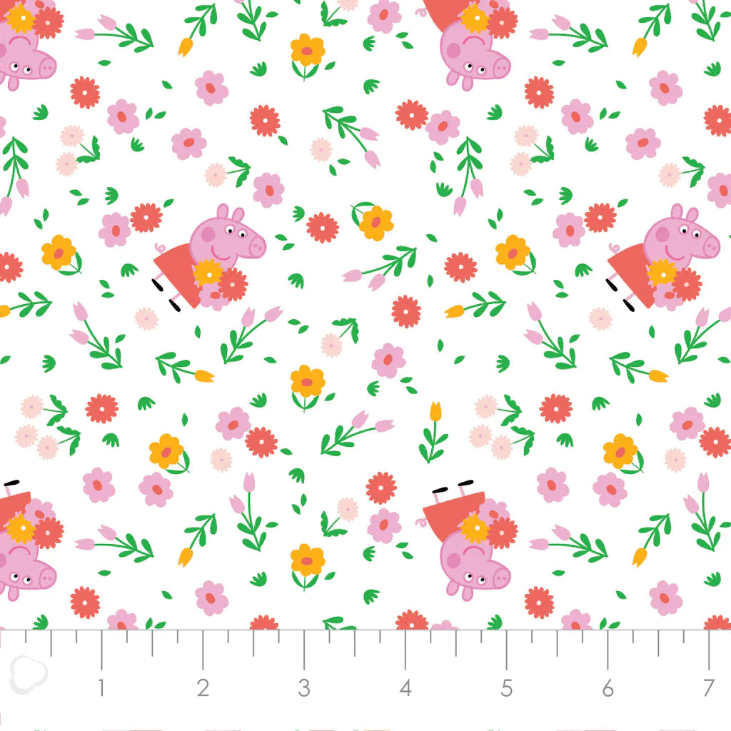 71" Remnant - Peppa Bunches of Flowers - White - Cotton FLANNEL Fabric