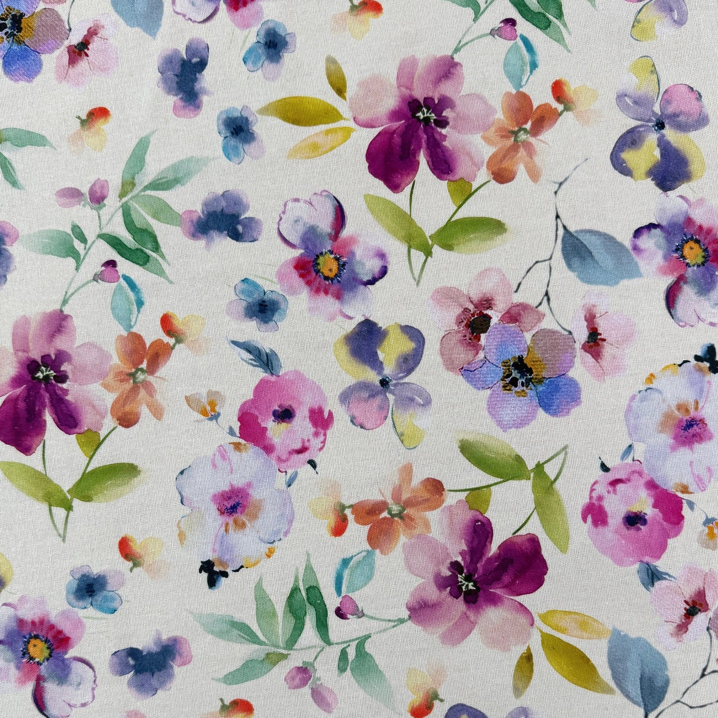 Watercolour Florals - Purple, Blue & Ivory -  Linen Blend Slub
