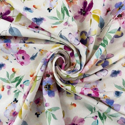 Watercolour Florals - Purple, Blue & Ivory -  Linen Blend Slub