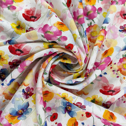 Watercolour Poppies - Yellow, Pink & Ivory -  Linen Blend Slub