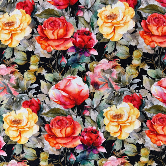 Linen Rayon Slub - Black & Red Florals