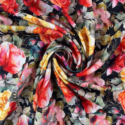 Linen Rayon Slub - Black & Red Florals