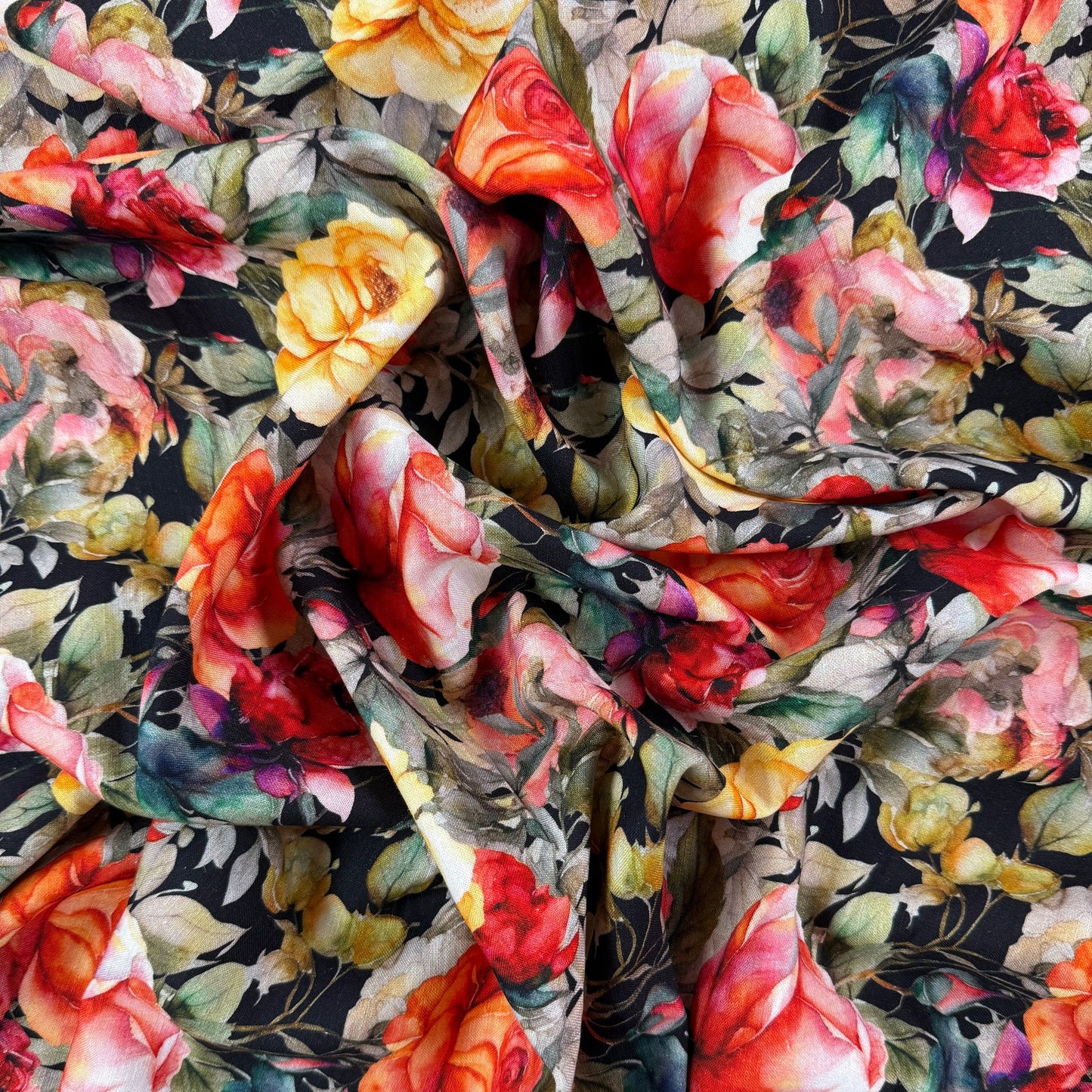 Linen Rayon Slub - Black & Red Florals