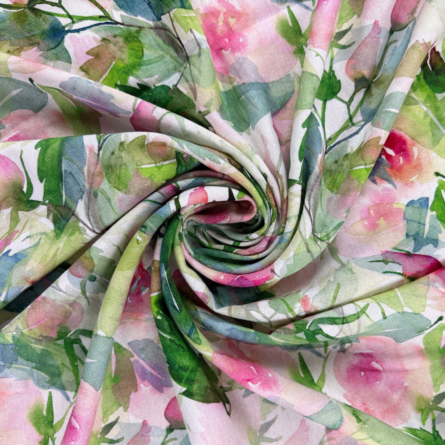 Linen Rayon Digital Print - Green & Pink Large Florals