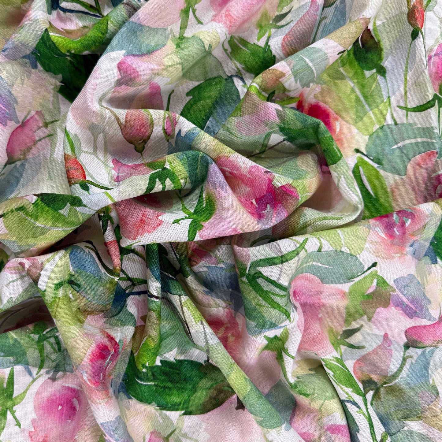 Linen Rayon Digital Print - Green & Pink Large Florals