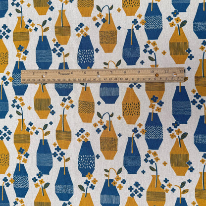 Cotton Linen Fabric - Blue & Yellow Vases -  Sevenberry - Handworks