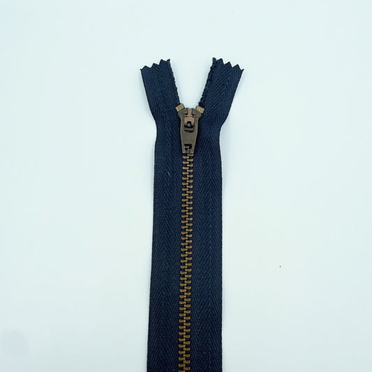 #4.5 Antique Brass Jean/ Pant Zippers - 9" - Navy - Close Ended