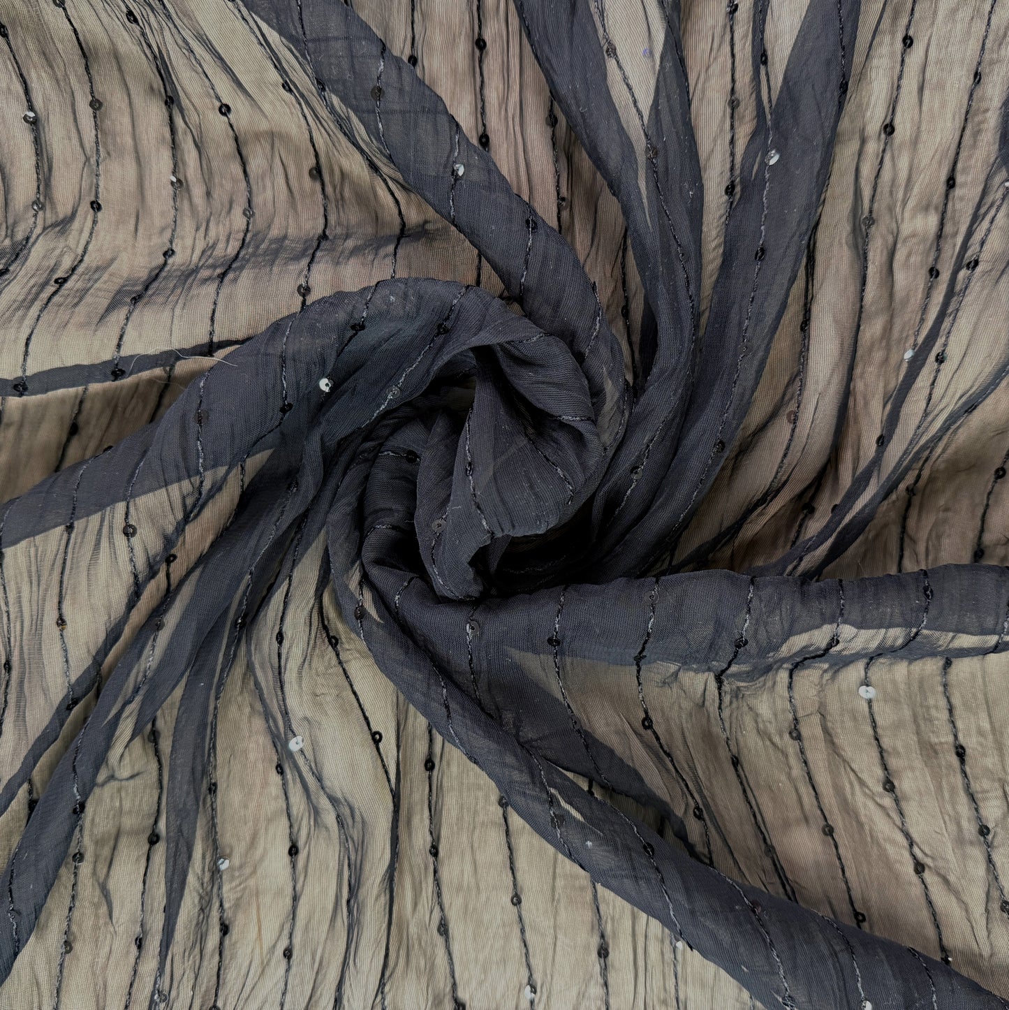 Sheer Sequin Stripe Fabric - Black - Deadstock