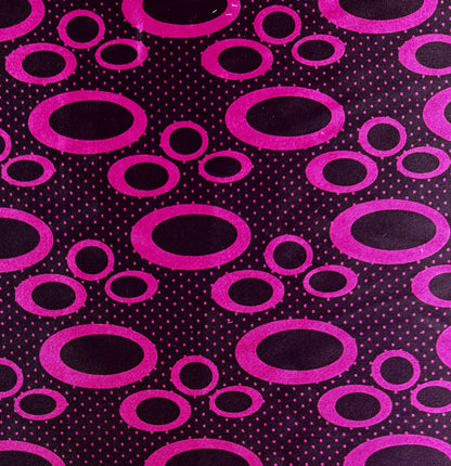 Stretch Polyester Satin  - Magenta & Black Circles - Deadstock