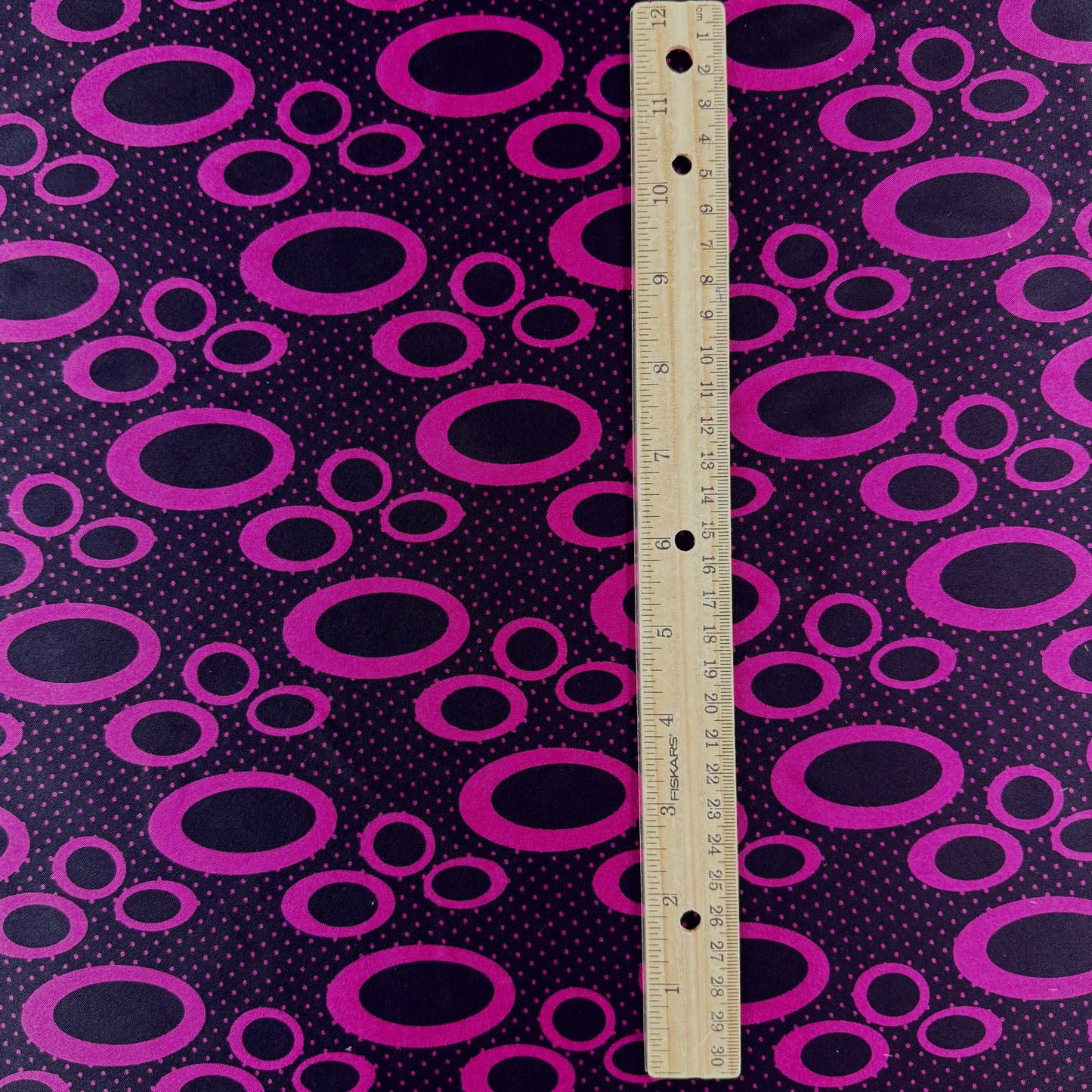 Stretch Polyester Satin  - Magenta & Black Circles - Deadstock