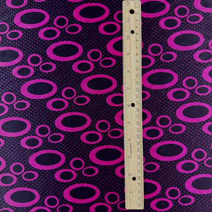 Stretch Polyester Satin  - Magenta & Black Circles - Deadstock