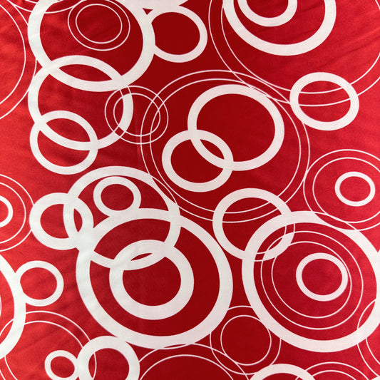Stretch Polyester Satin  - White & Red Circles - Deadstock