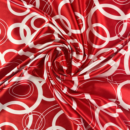 Stretch Polyester Satin  - White & Red Circles - Deadstock