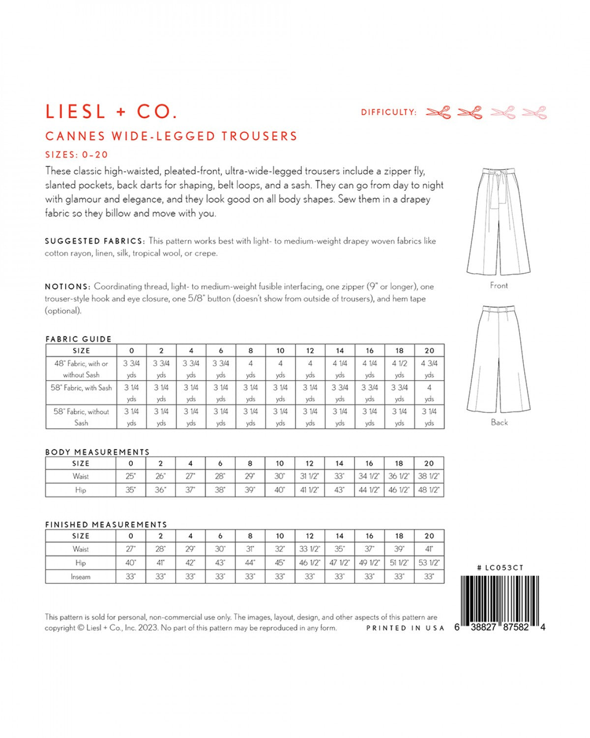 Liesl + Co - Cannes Wide Legged Trousers Sewing Pattern