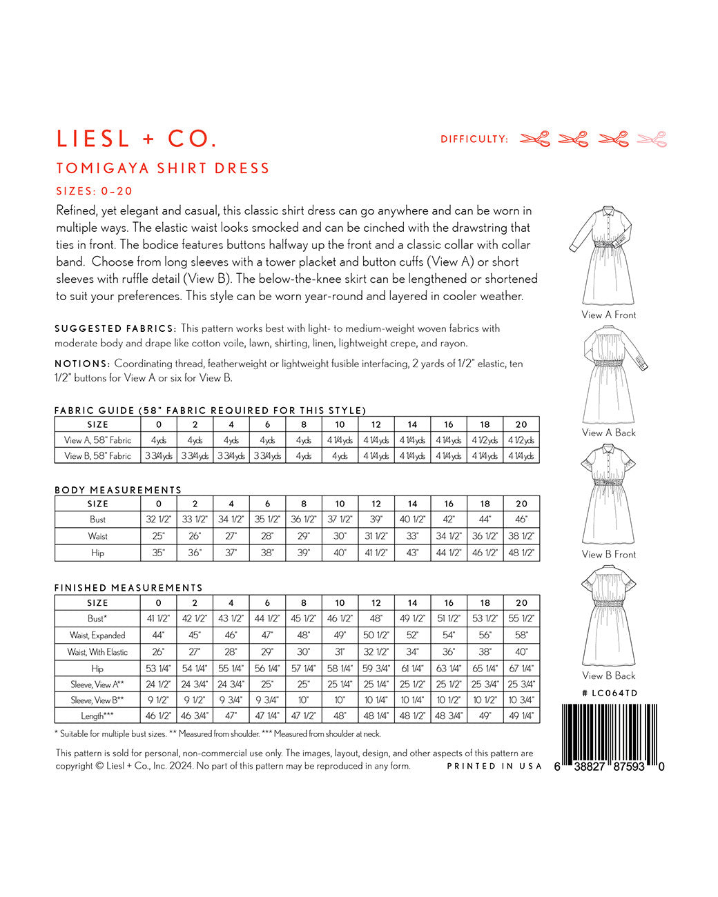 Liesl + Co - Tomigaya Shirtdress Sewing Pattern