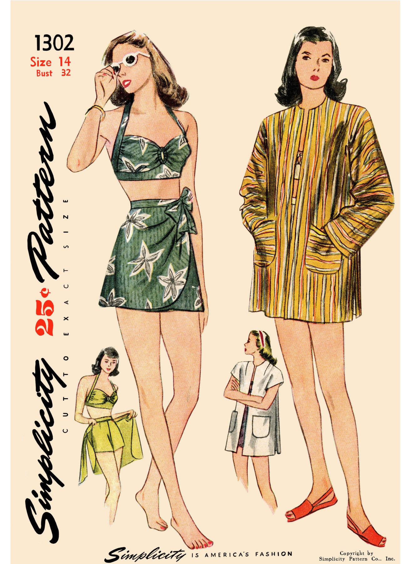 Simplicity - 1940s Misses' Vintage Bikini Top, Shorts, Wrap, Skirt and Coat