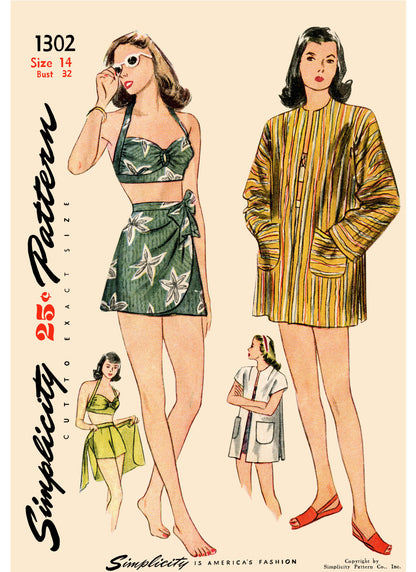 Simplicity - 1940s Misses' Vintage Bikini Top, Shorts, Wrap, Skirt and Coat