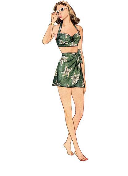 Simplicity - 1940s Misses' Vintage Bikini Top, Shorts, Wrap, Skirt and Coat