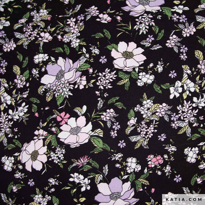 Pink on Black Flowers  - Viscose Twill