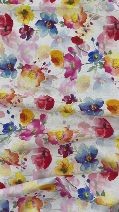 Watercolour Poppies - Yellow, Pink & Ivory -  Linen Blend Slub
