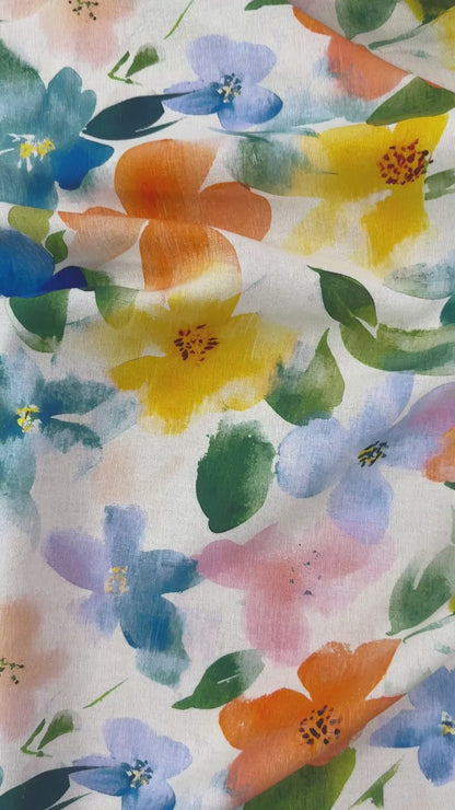 Large Watercolour Florals - Orange, Blue & Ivory -  Linen Blend Slub
