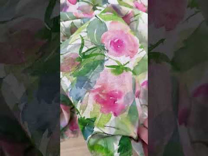 Linen Rayon Digital Print - Green & Pink Large Florals