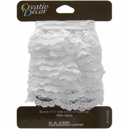 Ruffled Lace/Ribbon Trim - White - Nylon -  30mm x 2m bobbin