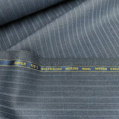 Super 120s Australian Merino Wool Suiting - Chalk Stripe Navy - Made In England - Deadstock