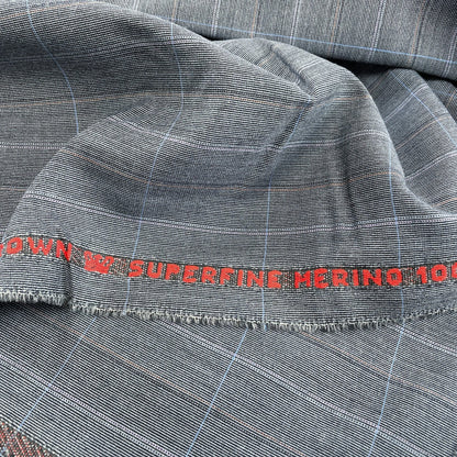 11" Remnant - Superfine Merino Wool Suiting - Blue Grey Checks - Made In England - Deadstock