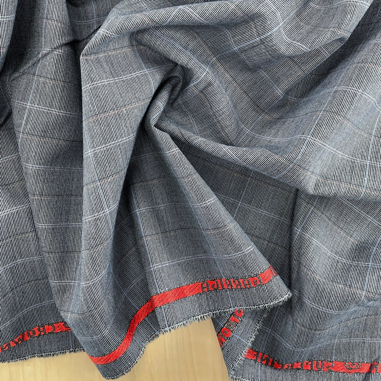 11" Remnant - Superfine Merino Wool Suiting - Blue Grey Checks - Made In England - Deadstock